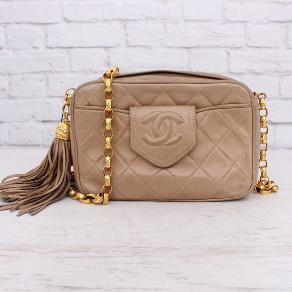 Chanel CC Camera Bag Beige Lambskin Leather Shoulder Crossbody Handbag A4790 - Picture 1 of 11